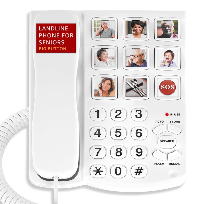 Uvital Big Button Phone for Seniors Corded Landline Phone with 9 OneTouch Dialing Big Buttons HandsFree Calling Loud Ringer Easy to Use for Visually Impaired Telephone for Seniors